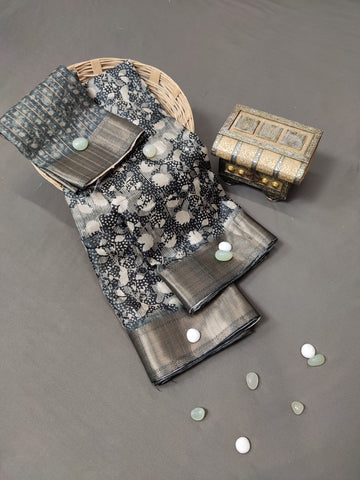 Noir Bloom Abstraction Handloom Jacquard Border Tussar Saree JQ2 Geetha Creation